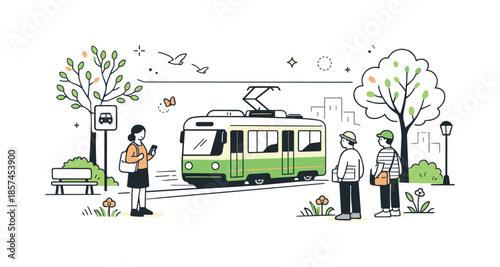 Spring Cityscape Harmony. Spring street scenes. A light editorial city scene with a tram or bus moving through a green street, trees budding and pedestrians