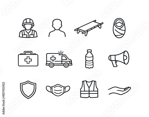Child Rescue Icons. Child rescue operations. Line icon set of child rescue operations: rescue worker, child silhouette, stretcher, blanket wrap, first aid kit,