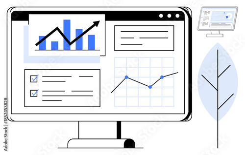Business analysis, data visualization, performance metrics, tracking, workflow optimization, decision support. Computer screen shows graphs, reports and charts. Data visualization and business