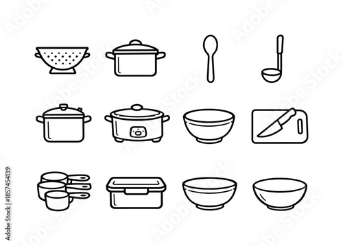 Bean Tools Icons. Bean Preparation Tools. Line icon set of Bean Preparation Tools: colander, pot, spoon, ladle, pressure cooker, slow cooker, mixing bowl,
