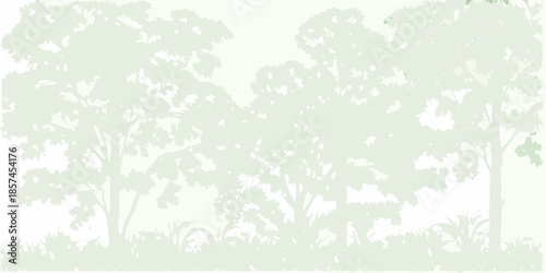 A serene silhouette of trees and lush foliage in a light green hue