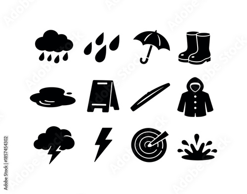 Rainy Day Icons. Rainy Day. Solid icon set of rainy day: rain cloud, heavy raindrops, umbrella, rain boots, puddle, wet floor sign, windshield wiper, raincoat,