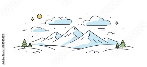 Minimal Winter Landscape. Winter minimal landscape. Snow-covered mountains in the distance with gentle clouds floating above, creating a sense of openness and