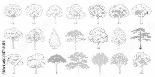 A collection of different tree silhouettes and canopy shapes in grayscale