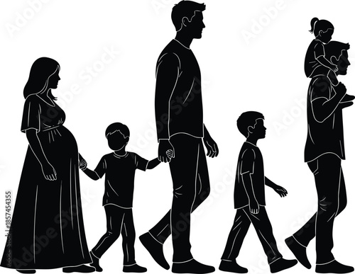 Happy family silhouettes including pregnant mother father and children walking together isolated on white background for life and parenting concepts, set