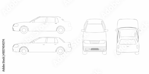 Detailed line drawing showcasing a sedan car from multiple perspectives