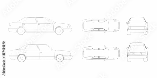 Technical drawing of a classic sedan car in various views and perspectives
