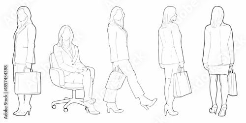 Line art illustrations of women in business attire with varying poses