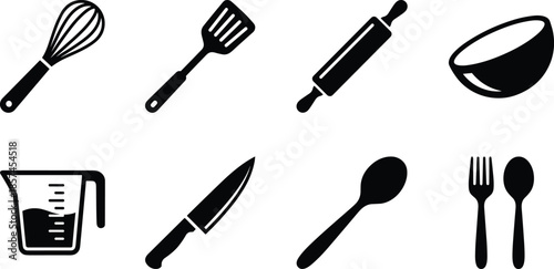 Set of kitchen utensils icons and cooking tool silhouettes flat vector illustration isolated on white background for culinary restaurant design,