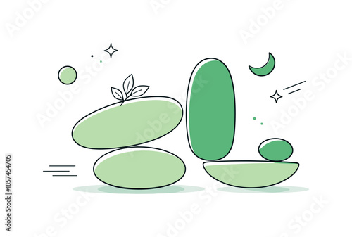 Green Abstract Serenity. Green abstract illustration. Soft organic shapes in calm green tones floating in open space, creating a feeling of balance and