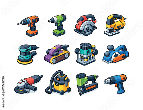 Colorful Power Tool Icons. Power tools. Colorful isometric vector icons set of power tools: drill, impact driver, circular saw, jigsaw, orbital sander, belt