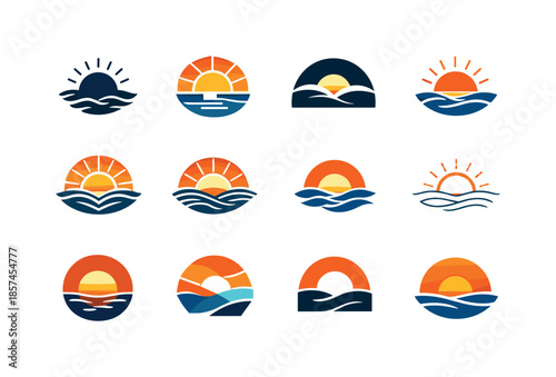 Sunset Logo Variations. Sunset. Icon set. Set Logo of sunset: ocean sunset glow. harmonious logo variations of the same emblematic concept, each with different