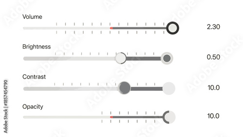 A set of four digital sliders and their corresponding numerical values are displayed horizontally, illustrating controls for volume, brightness, contrast, and opacity on a white background.