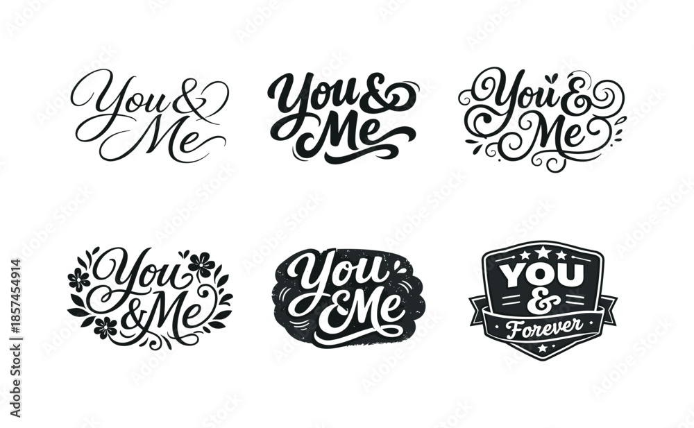 Obraz premium Harmonious Lettering Variations. Romantic annotative text. Set lettering. harmonious lettering variations of the same emblematic concept, each with different