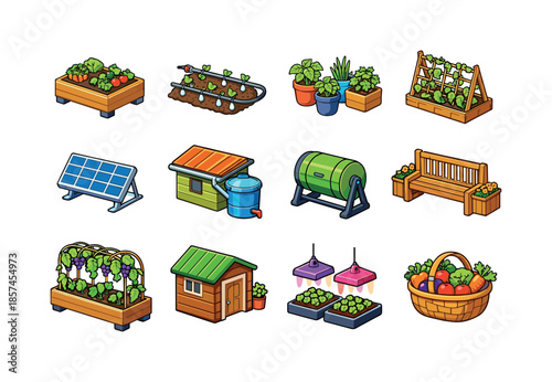 Isometric Rooftop Garden Icons. Rooftop gardens. Colorful isometric vector icons set of rooftop gardens: raised beds, drip irrigation line, potted herbs,