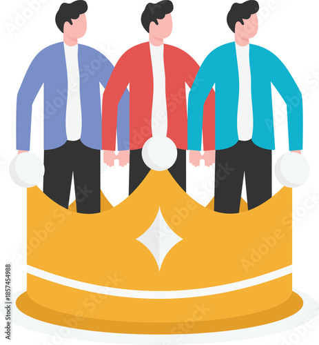 Successful business team standing inside a giant gold crown representing leadership and achievement
