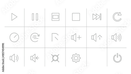 A grid of 18 minimalist icons representing various digital functions and controls, arranged in three rows and six columns against a white background.