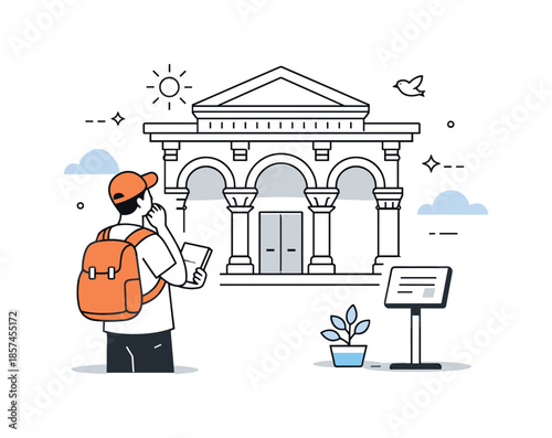 Observing Ancient Architecture. Cultural heritage flat design. A person carefully observing an ancient building facade with arches and columns, capturing