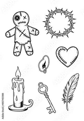Hand drawn occult and mystical symbols collection featuring voodoo doll, crown of thorns, stitched heart, burning candle, vintage key, and feather in a dark tattoo style