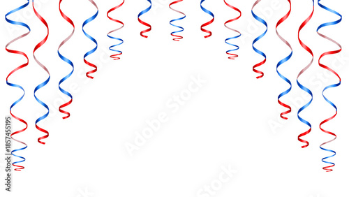 Patriotic red white blue ribbon frame with symmetrical hanging streamers isolated on transparent background