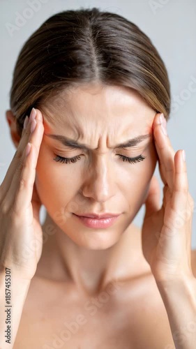 Wallpaper Mural Young fair-skinned woman pressing her fingers on her temples with a painful expression, feeling pressure and throbbing headache, health condition, stress Torontodigital.ca