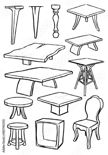 Collection of hand drawn furniture sketches featuring various wooden table designs, elegant chair concepts, stools, and ornate table legs for interior design inspiration