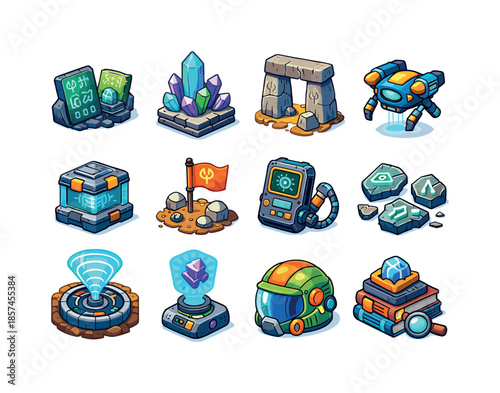 Alien Archaeology Icons. Ancient alien archaeology. Colorful isometric vector icons set of ancient alien archaeology: alien tablets, crystal relics, monolithic