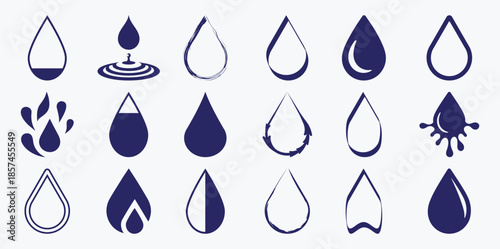 Collection of Diverse Blue Water Drop and Symbols liquid