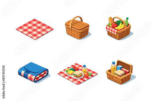 Isometric Picnic Icons. Picnic blanket & basket. Isometric flat vector icons set of picnic blanket & basket: checkered picnic blanket, wicker picnic basket