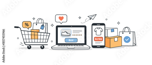 Minimalist E-commerce Design. Online shopping illustration. Minimal shopping cart, product boxes, and digital devices arranged in a clean layout, conveying