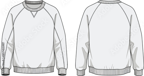Crew neck sweatshirt cad drawing, long sleeve apparel front back view, clothing flat vector illustration for fashion design