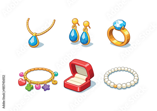 Colorful Jewelry Icons. Jewelry Sets. Isometric flat vector icons set of Jewelry Sets: necklace with pendant, pair of earrings, gemstone ring, charm bracelet,