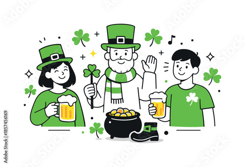 St. Patrick's Festivity. St Patrick?s Day celebration. A friendly editorial scene with simple characters celebrating St Patrick?s Day, wearing green accents