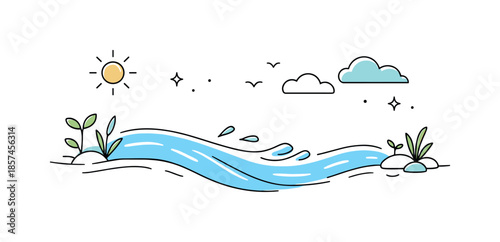 Gentle Water Flow. Fresh water movement. A minimal editorial scene showing water gently flowing forward, symbolizing life returning. The atmosphere is clean,
