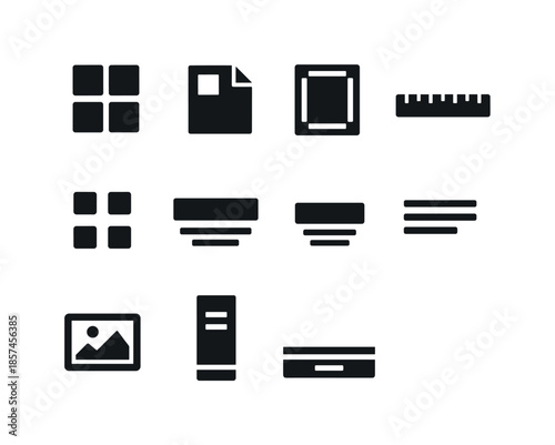 Print Layout Icons. Print layout hierarchy. Solid icon set of print layout hierarchy: page grid, master page icon, margins icon, rulers, spacing icon, header