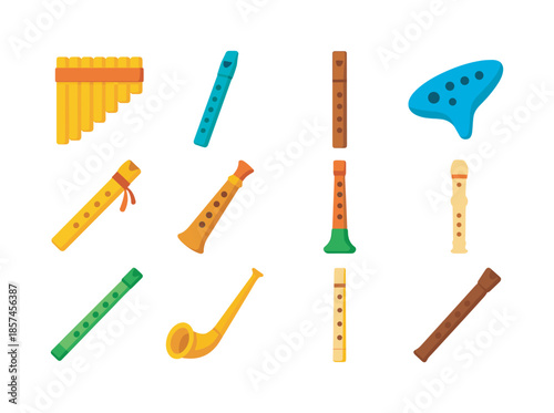 Colorful Folk Instruments. Folk wind instruments. Colorful flat vector icons set of folk wind instruments: pan flute, tin whistle, shakuhachi, ocarina, Native