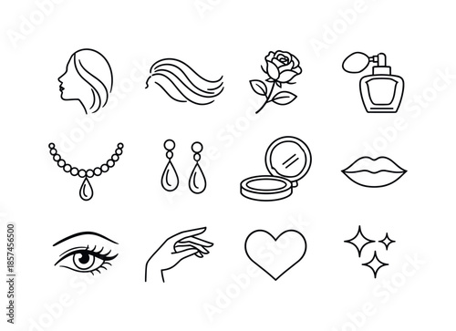Elegant Line Icons. Elegant femininity. Line icon set of Elegant femininity: face profile, flowing hair, rose flower, perfume bottle, necklace, earring,