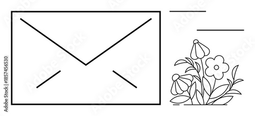 Communication, correspondence, stationery, floral decor, greeting cards, minimal aesthetics. Line art envelope with simple floral accents and decorative details. Communication and correspondence