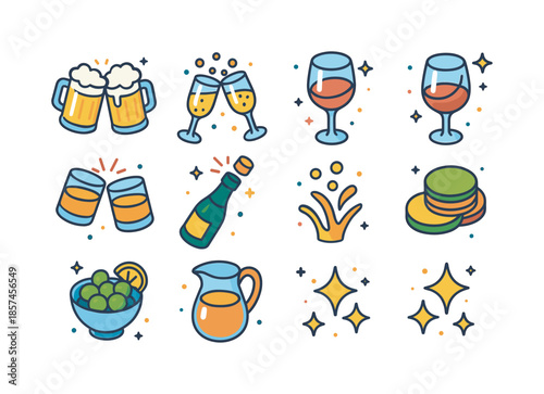 Colorful Toasting Icons. Drink toasting. Colorful isometric vector icons set of drink toasting: clinking glasses, champagne bubbles, wine swirl, glass rim
