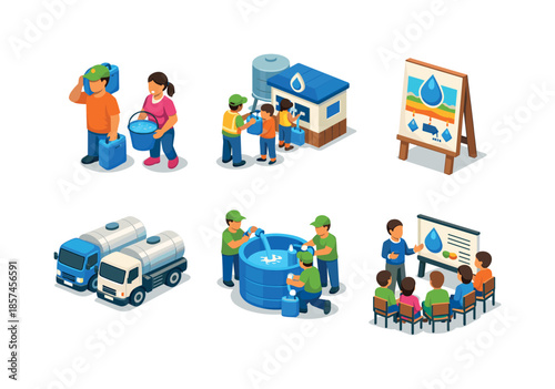 Community Water Icons. Community response. Isometric flat vector icons set of community response: people carrying water containers, water distribution center,