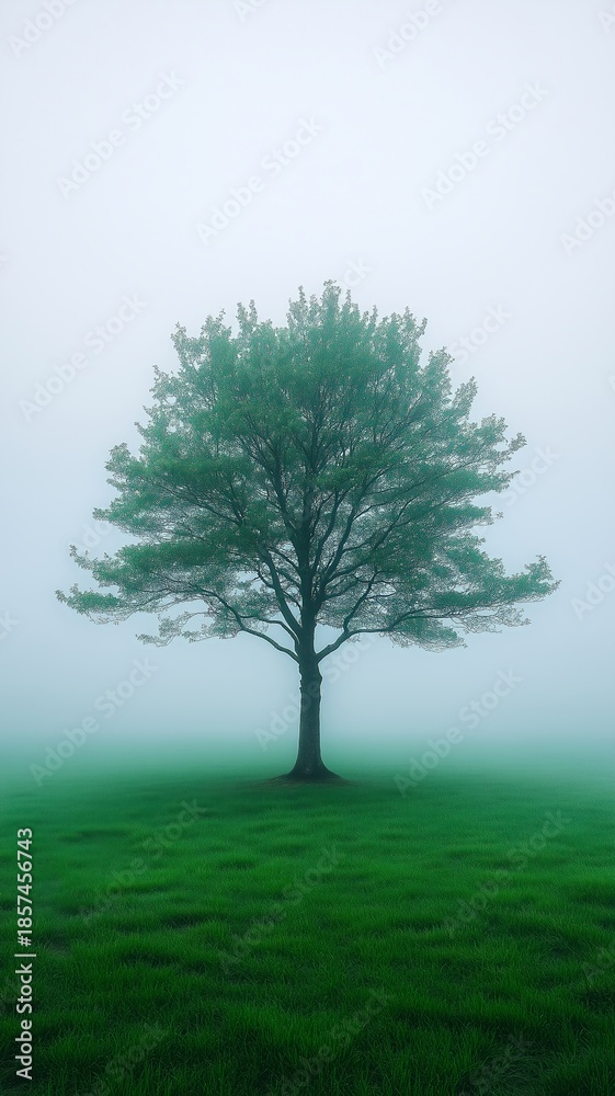 Fototapeta premium Serene Landscape Nature Tree In A Field Mist