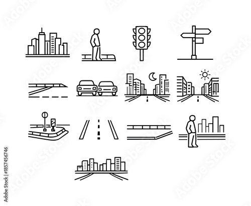 Urban Taxi Icons. Urban Taxi Wait. Line icon set of Urban Taxi Wait: city buildings backdrop, sidewalk waiting person, traffic lights, street sign pole,