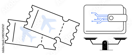 E-commerce, travel booking, FinTech, digital payments, transportation innovation, technology balance. Two airline tickets, a digital wallet with circuits and a scale. E-commerce and travel booking