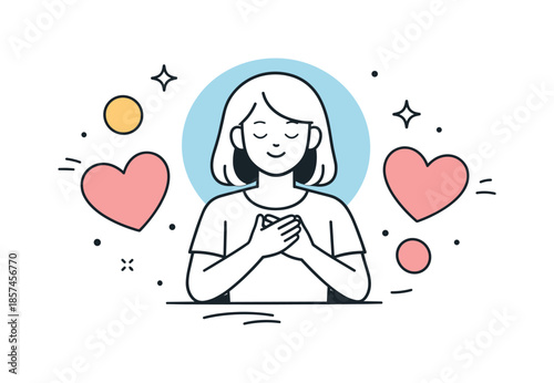 Abstract Romantic Serenity. Abstract Romance Concept. Calm editorial scene with a single character surrounded by heart and circle shapes, suggesting warmth,