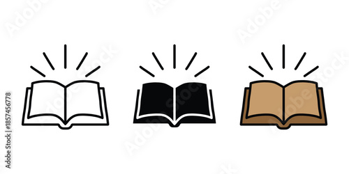 Book icon set. Open book icon vector. Book icon outline, silhouette, color
