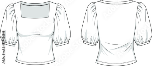 Square neck blouse cad drawing, puff sleeve womens top front back view, clothing flat vector illustration for fashion design technical