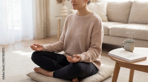 Mindful meditation practice for gratitude cozy living room lifestyle content calm environment introspective viewpoint