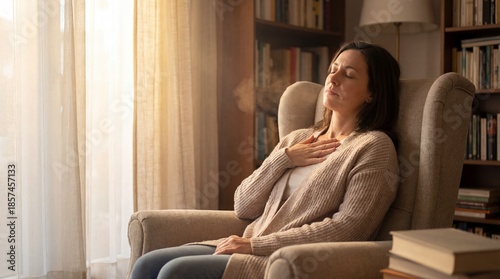 Woman practicing deep breathing techniques at home inner peace lifestyle cozy environment warm light