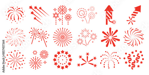 Collection of red abstract fireworks and rockets white celebration explosion