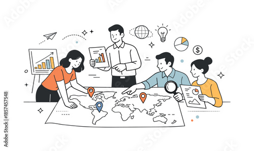 Global Expansion Strategy. Global market expansion. A team placing pins on a world map while reviewing growth charts. Strategic planning and exploration of new